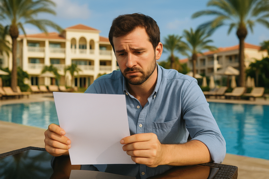 homem olhando contrato e pensando em como cancelar multipropriedade